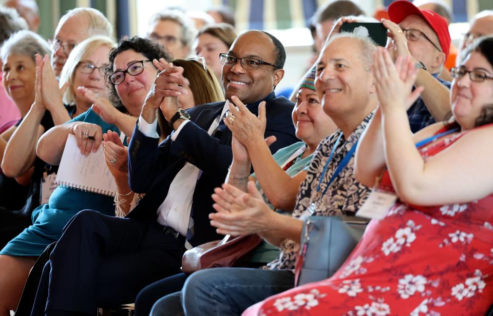 Elder Ahmad S. Corbitt, General Authority Seventy of The Church of Jesus Christ of Latter-day Saints, applauds during the Braver Angels National Convention at Gettysburg College in Gettysburg, Pa., on Thursday, July 6, 2023. | Kristin Murphy, Deseret News