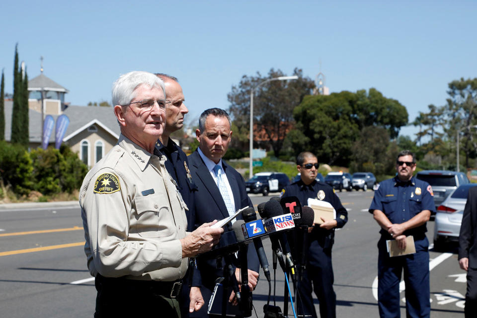 San Diego County Sheriff Bill Gore speaks at a news conference at the scene of a shooting incident at the Congregation Chabad synagogue in Poway, north of San Diego, April 27, 2019. (Photo: John Gastaldo/Reuters)