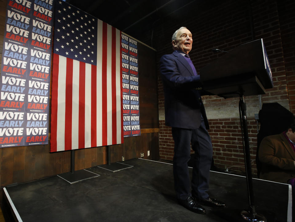 Democratic presidential candidate former New York City Mayor Michael Bloomberg addresses supporters during a campaign stop in Sacramento, Calif., Monday, Feb. 3, 2020. (AP Photo/Rich Pedroncelli)