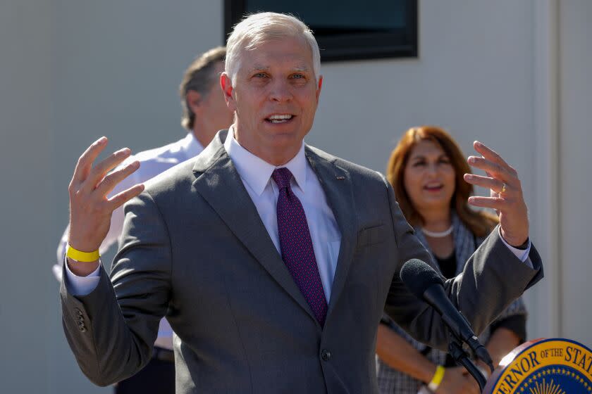 Fullerton, CA - October 27: State Senator Tom Umberg speaks at the inauguration ceremony of a new unified command center in Orange County for health care workers, CBOs, and local law enforcement to address homelessness collaboratively. Gov. Gavin Newsom inaugurated the HOPE Center on Thursday, Oct. 27, 2022 in Fullerton, CA. (Irfan Khan / Los Angeles Times)