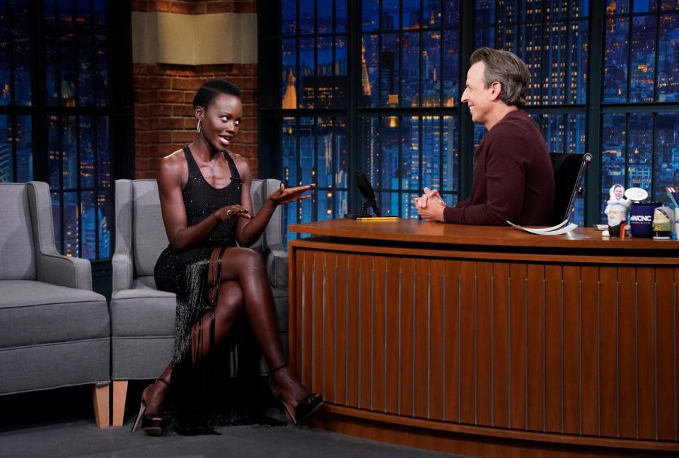 LATE NIGHT WITH SETH MEYERS -- Episode 1534 -- Pictured: (l-r) Actress Lupita Nyong'o during an interview with host Seth Meyers on June 19, 2024 -- (Photo by: Lloyd Bishop/NBC via Getty Images)