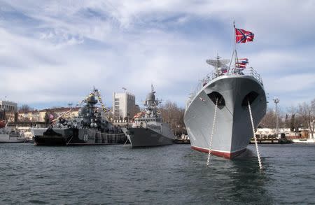 A view of Russian warships during celebrations of the Defender of the Fatherland Day in Sevastopol, Crimea, February 23, 2016. REUTERS/Pavel Rebrov