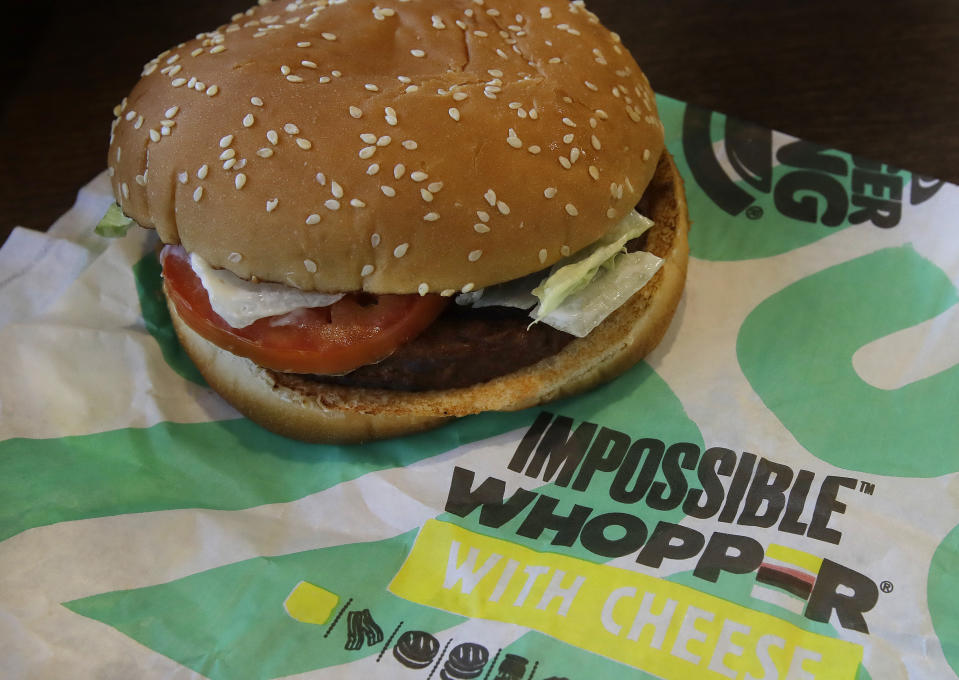 In this Wednesday, July 31, 2019 photo, an Impossible Whopper burger is photographed at a Burger King restaurant in Alameda, Calif. (AP Photo/Ben Margot)