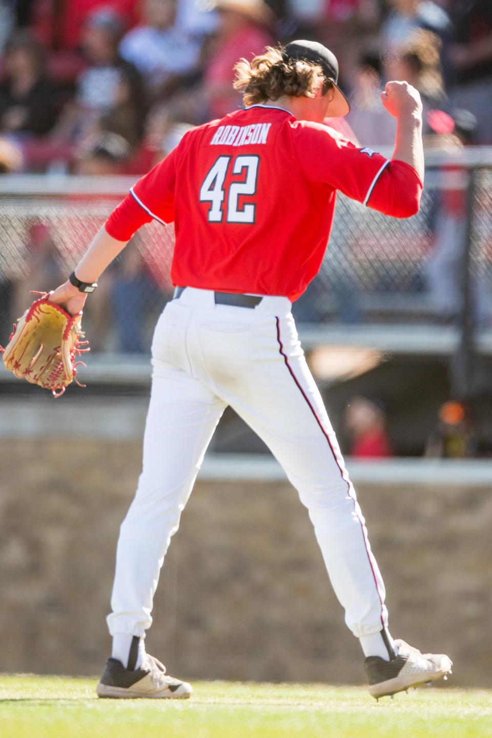 Texas Tech pitcher Kyle Robinson, shown in a 2023 game, struck out a career-high nine over seven innings to lead the Red Raiders to a 3-1 victory Sunday in a Big 12 series finale against No. 24 West Virginia. Tech handed WVU only its second loss by sweep in the Mountaineers' past 24 Big 12 series.