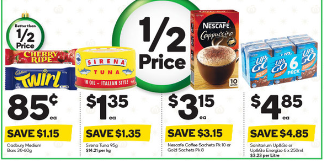 Chocolate, tuna, coffee and liquid breakfast selling for 50%-off at Woolworths.