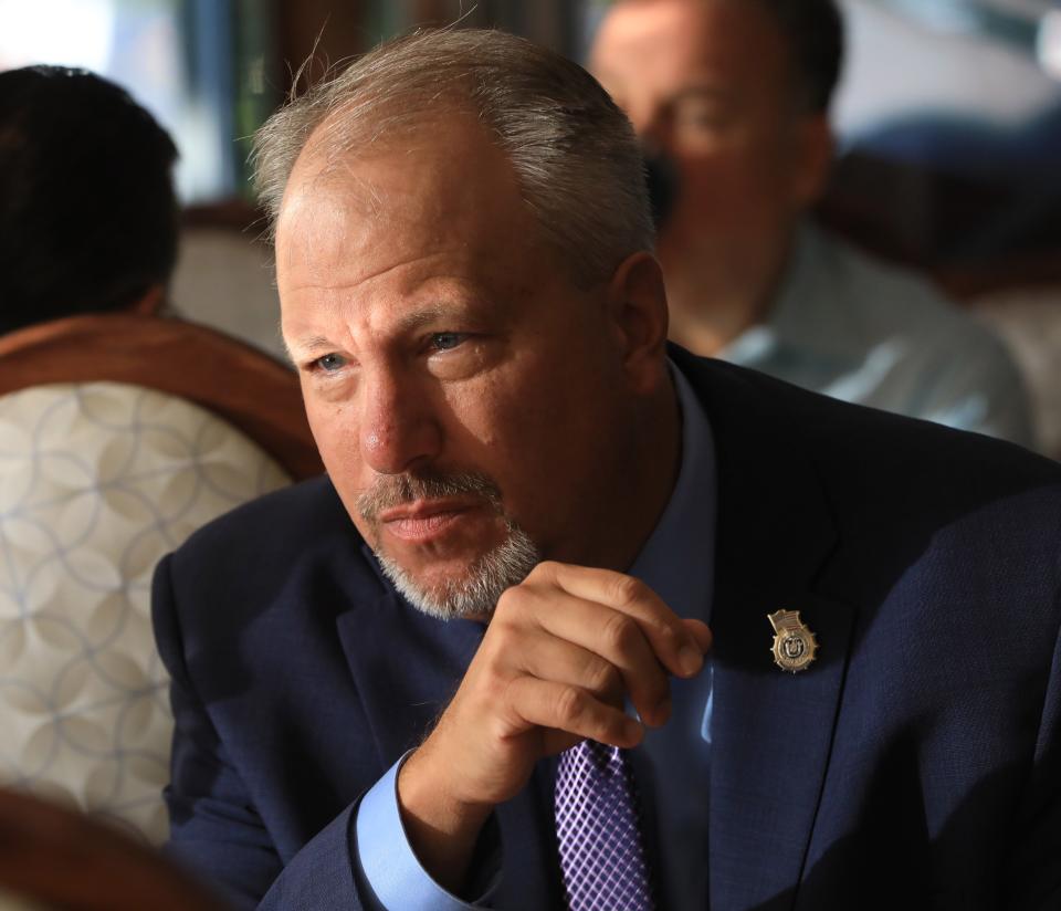 Orange County District Attorney David Hoovler speaks with residents during a "Coffee with the DA" event at the Alexis Diner in Newburgh on October 3, 2023.