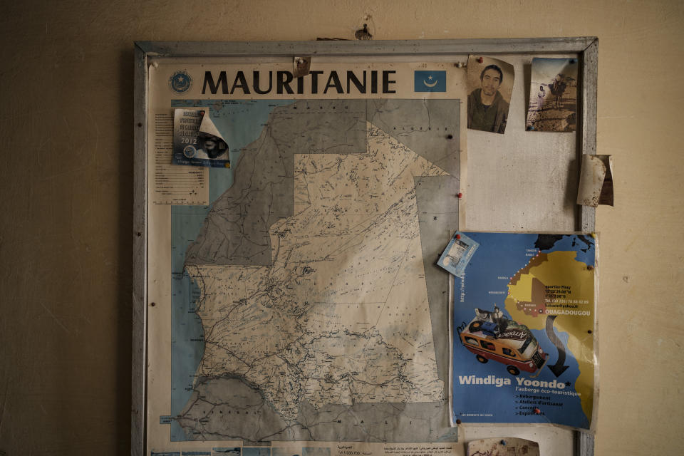 An old map of Mauritania is displayed in a hostel in Nouadhibou, Mauritania, Tuesday, Nov. 30, 2021. (AP Photo/Felipe Dana)