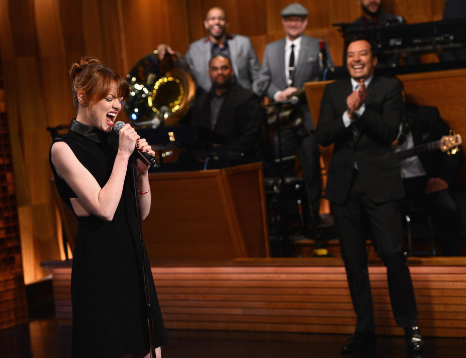 Emma Stone and Jimmy Fallon have a 'Lip Sync Battle' during a taping of 'The Tonight Show Starring Jimmy Fallon' at Rockefeller Center on April 28, 2014 in New York City. (Photo by Theo Wargo/NBC/Getty Images for 'The Tonight Show Starring Jimmy Fallon')