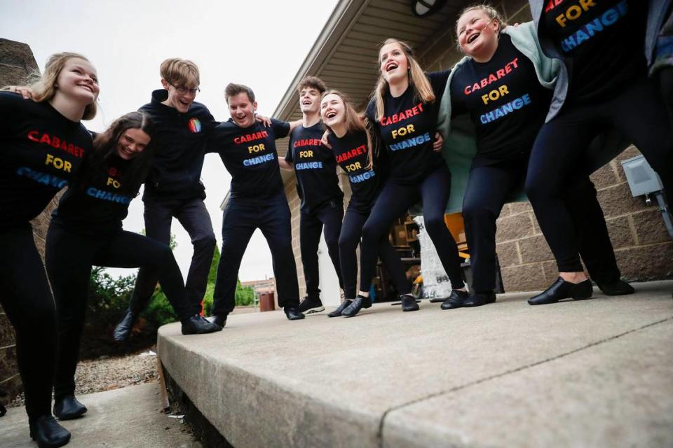 Cast members warm up before a performance of “Cabaret for Change” at the MoonDance Amphitheater in Lexington, Ky., Saturday, May 29, 2021.