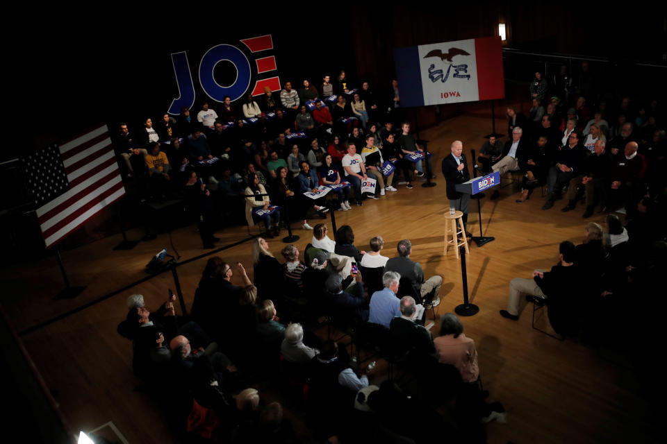 Vice President Joe Biden speaks at the University of Iowa on Monday night ahead of the all-important Democratic caucuses in the state. (Photo: Carlos Barria / Reuters)