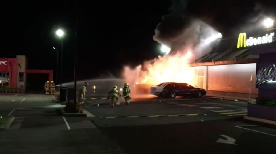 A truck carrying gas and paint cylinders erupted at a Western Sydney drive-thru early Thursday morning. Photo: 7 News