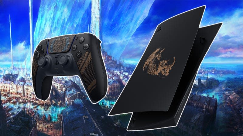 A limited edition PS5 sits in front of a piece of Final Fantasy XVI art. 