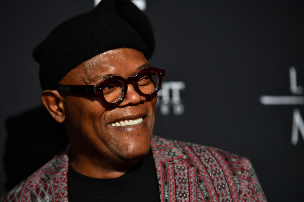 Samuel L. Jackson wore a mask celebrating his Marvel roots as he got vaccinated for COVID-19. (Photo: Paras Griffin/Getty Images for Roadside Attractions )