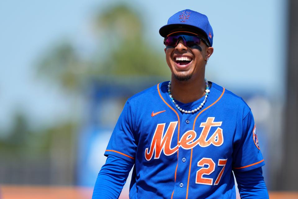 Washington Nationals first baseman Mark Vientos (27) smiles during a spring training baseball game against the New York Mets, Tuesday, March 14, 2023, in Port St. Lucie, Fla.