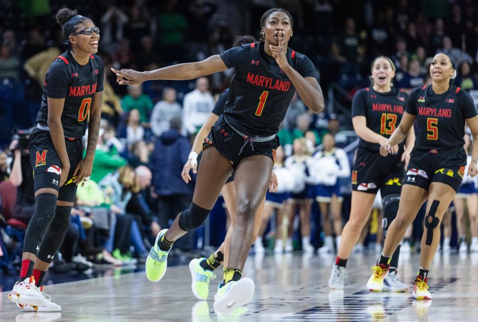 Maryland's Diamond Miller shushes the crowd at Notre Dame's Purcell Pavilion after hitting a buzzer-beating game winner to down the Fighting Irish.
