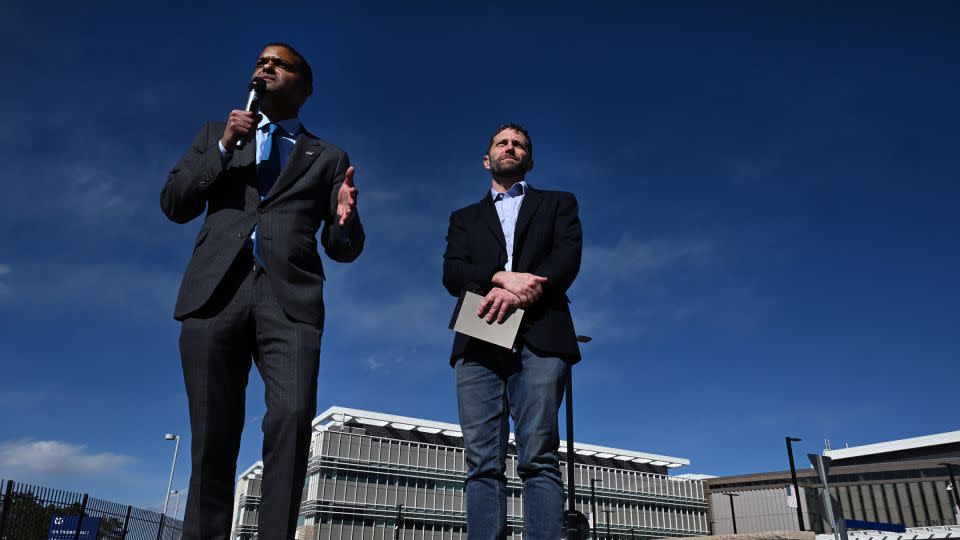 Dr. Shereef Elnahal, VA Under Secretary for Health, left, with Rep. Jason Crow, right, speaks during a press conference outside of Building A of the U.S. Department of Veterans Affairs at 1700 North Wheeling St in Aurora, Colorado on March 4. - Helen H. Richardson/The Denver Post/Getty Images