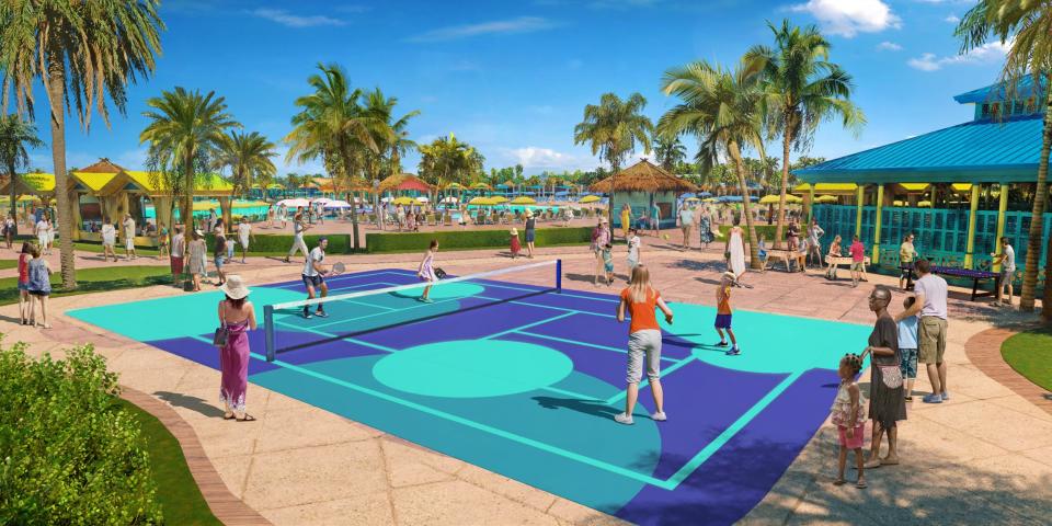 rendering of people on sports court and game pavilion