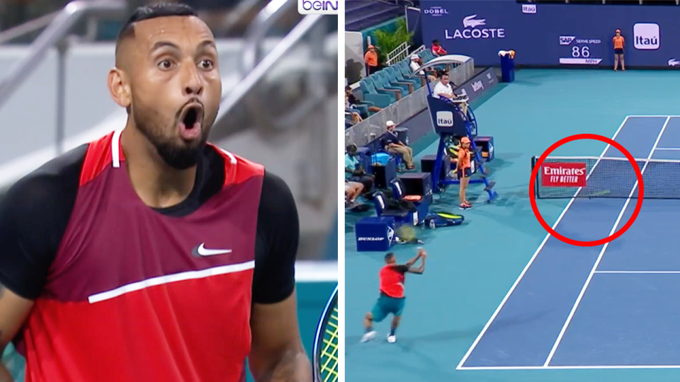 Nick Kyrgios (pictured left) mouth open in shock and (picture right) hitting a backhand winner at the Miami Open.