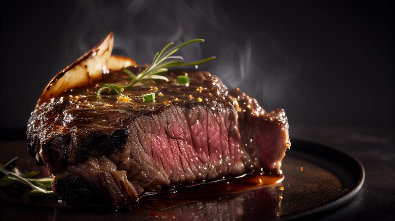 Steaming steak on plate