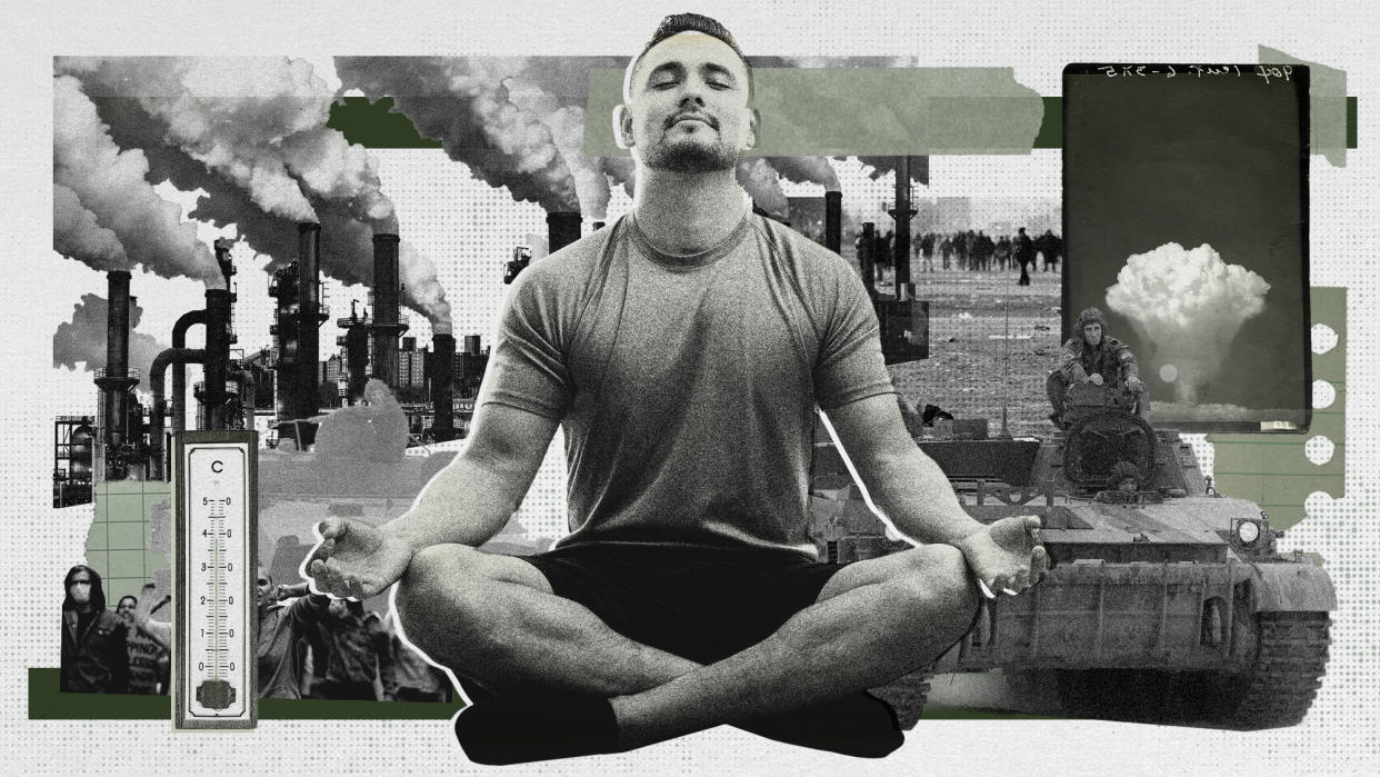  Photo collage of a man meditating cross-legged, looking content. Behind him, various bits of photos show pollution, rising temperatures, protests, and warfare. . 