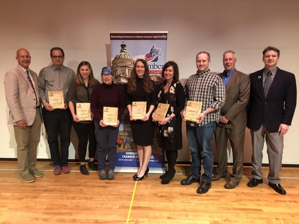 State Sen. Pat Stefano, left, joined the awardees and chamber personnel at a ceremony Wednesday night, who are: Morgan Simmons, Rebecca Mull, Sandy Kline — accepting on behalf of Somerset Lake Action Committee, Madalyn Walker, Lisa Phillips, Derek Hillegass, Ron Aldom (chamber director), Steve Nunez (chamber board and president of Penn Highlands). Missing: Alyce Palko.