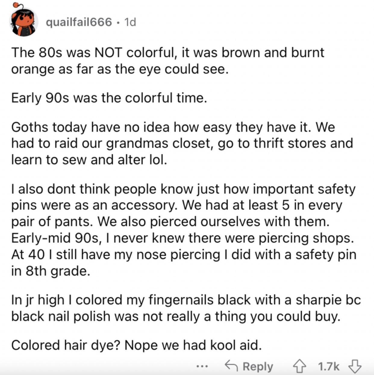 Reddit screenshot about how it's easier to be a goth nowadays.