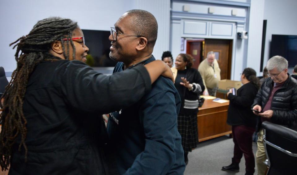 Tekesha Martinez embraces Andy Smith after she was named Hagerstown mayor during a Hagerstown City Council meeting Tuesday. Both of them have worked to help the Jonathan Street community.