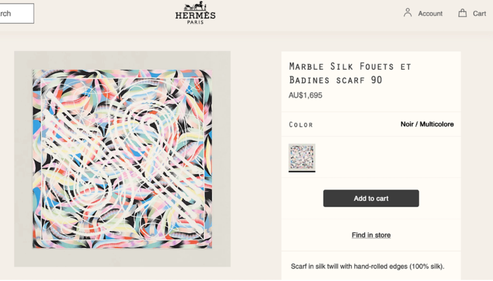 A screenshot of a price tag for a scarf for sale on the Hermes website.