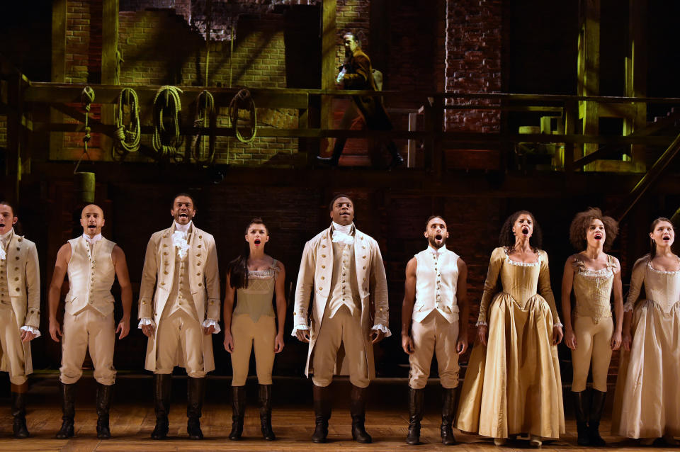 NEW YORK, NY - FEBRUARY 15:  The cast of 'Hamilton' performs on stage during 'Hamilton' GRAMMY performance for The 58th GRAMMY Awards at Richard Rodgers Theater on February 15, 2016 in New York City.  (Photo by Theo Wargo/WireImage)