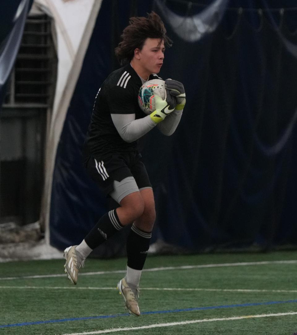 Mt. Olive, NJ September 27, 2023 — Goalkeeper, Kristian Dobbek of Mt. Olive in the second half. Mt. Olive held on to top Morris Knolls 3-2 in NJAC-National boys soccer played at the Marauder Dome in Mt. Olive on September 27, 2023.