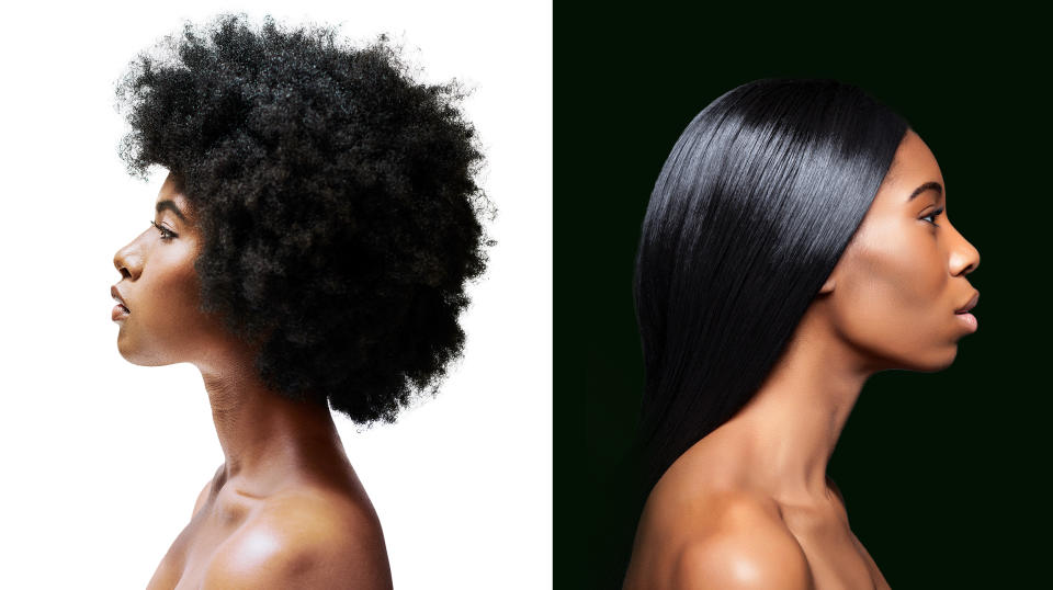 Two black women, one with an afro and another with relaxed hair. (NBC News / Getty Images)