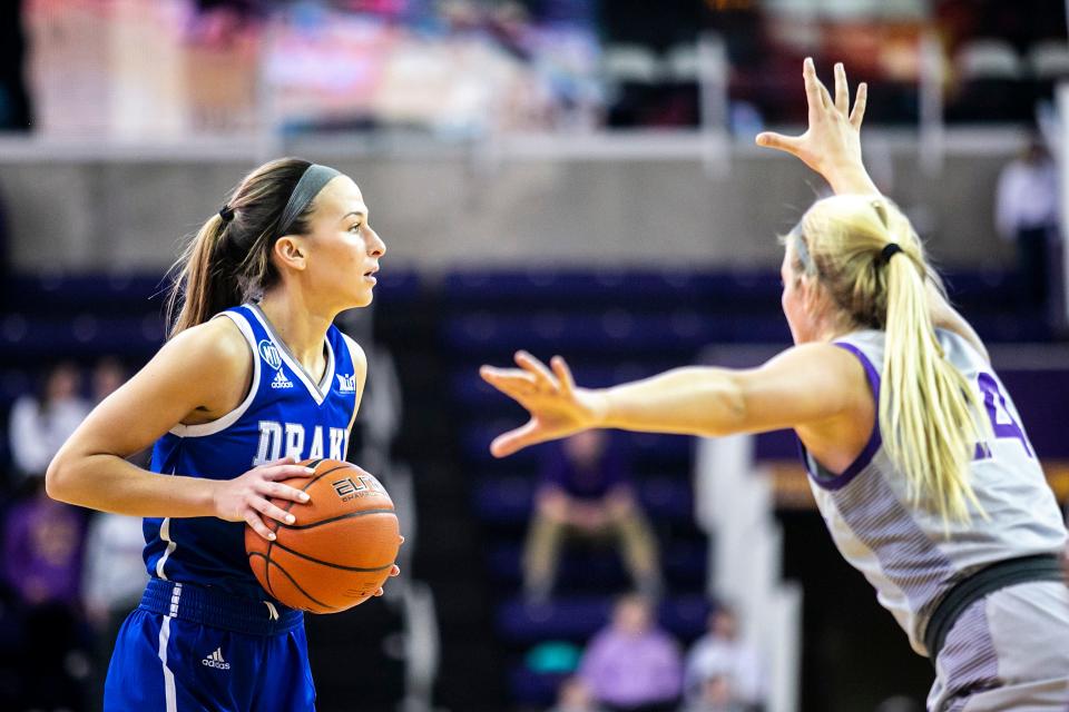 Drake guard Megan Meyer, seen here in a game during the 2021-22 season, returned to the team mid-season after originally thinking her basketball career was over.