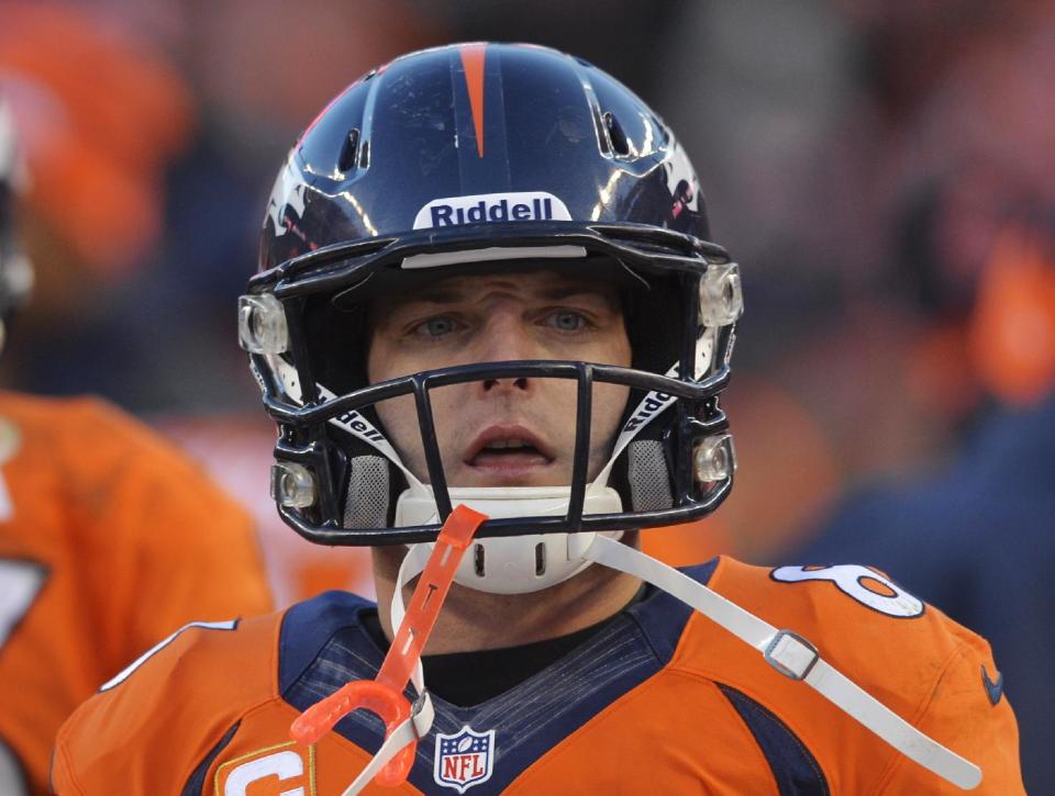 Denver Broncos wide receiver Wes Welker stands on the sidelines against the San Diego Chargers in the third quarter of an NFL AFC division playoff football game, Sunday, Jan. 12, 2014, in Denver. Welker was wearing a larger than usual helmet after suffering two concussions in December. (AP Photo/Jack Dempsey)