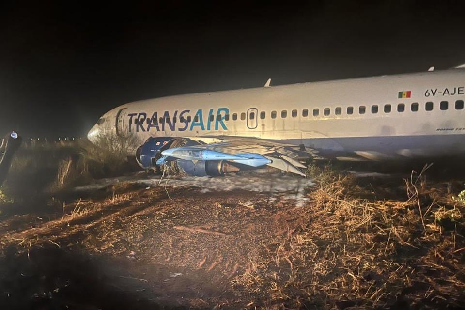 A Boeing 737-300 skidded off the runway and caught fire during a take-off in Senegal late on Wednesda (AviationSafety/X)