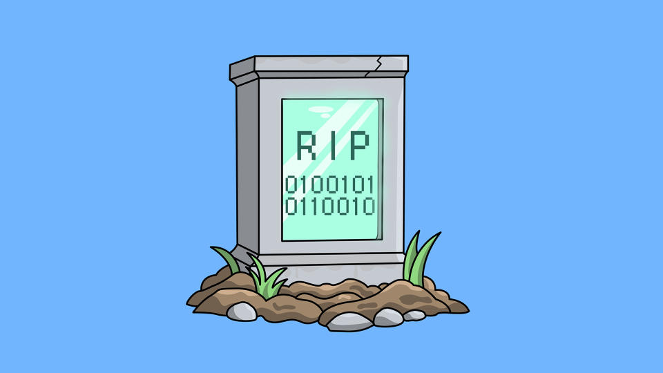 A cartoon CPU on a blue background.