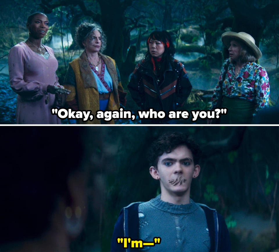 characters "Agatha all the time" Standing together in a forest. The second picture shows a teenager with writing on his face