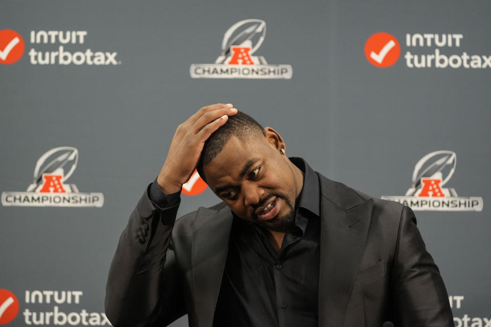 Kansas City Chiefs defensive tackle Chris Jones speaks during a news conference after an AFC Championship NFL football game against the Baltimore Ravens, Sunday, Jan. 28, 2024, in Baltimore. The Kansas City Chiefs won 17-10. (AP Photo/Alex Brandon)