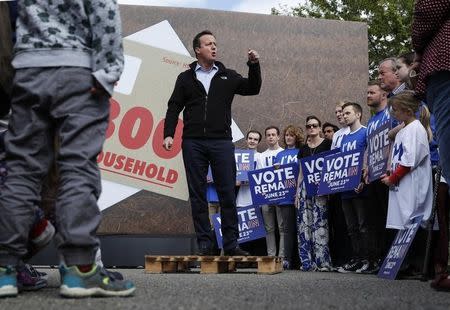 Britain's Prime Minister David Cameron speaks at a "Stronger In" campaign rally at a school in Witney, southern England, Britain May 14, 2016. REUTERS/Eddie Keogh