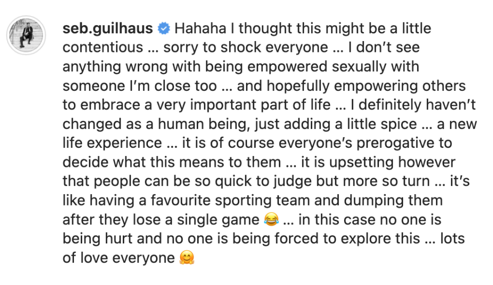 Screenshot of a comment Seb Guilhaus made on his controversial decision to join OnlyFans