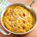 <p>The dish is quick and easy and the pumpkin bacon combo is absolutely perfect. Top it with lots of Parmesan for an extra comforting dinner! </p><p>Get the <a href="https://www.delish.com/uk/cooking/recipes/a34188107/pumpkin-carbonara-recipe/" rel="nofollow noopener" target="_blank" data-ylk="slk:Pumpkin Carbonara" class="link ">Pumpkin Carbonara</a> recipe.</p>