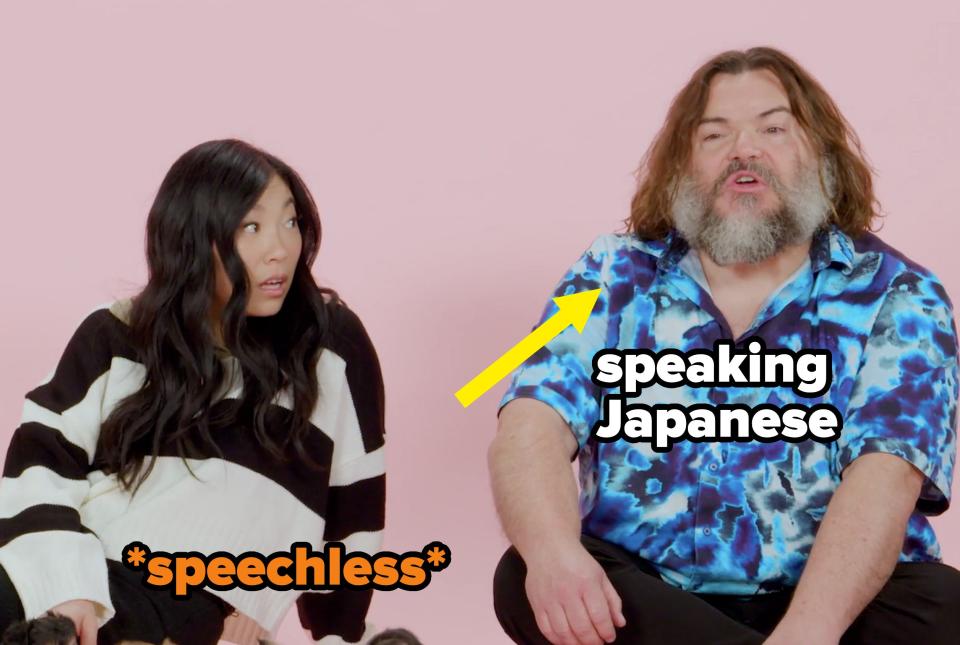 Closeup of Awkwafina and Jack Black