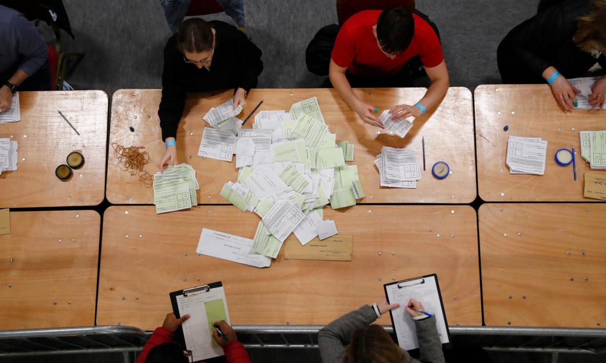 <span>Counting in Dublin for the referendums to change the Irish constitution. Voters on 8 March overwhelmingly rejected proposals to reword part of the constitution.</span><span>Photograph: Damien Storan/PA</span>