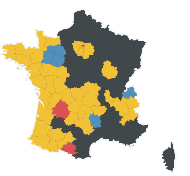 2017年法國總統大選，候選人得票情形：黃色─馬克宏、黑色─勒潘、藍色─費雍、紅色─梅蘭雄（France 24）