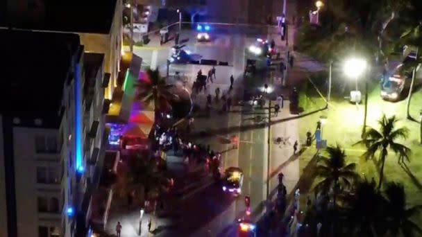 PHOTO: Aerial video shows police at a scene where a deadly shooting happened on the streets during Spring Break festivities in Miami Beach, March 17, 2023, in this still image obtained from social media. (TMX/Jorge Silva Jr. @w.a.s.p.corp via Reuters)