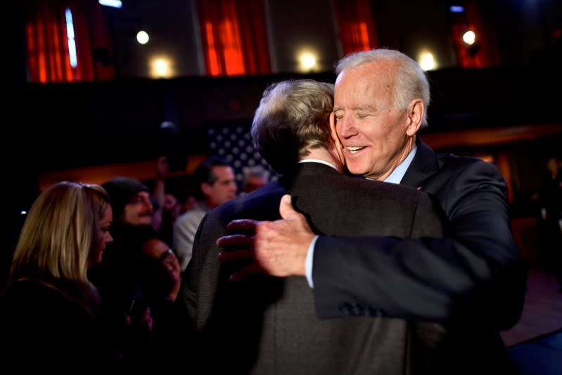 Democratic presidential candidate and former Vice President Joe Biden embraces a supporter after speaking in Scranton