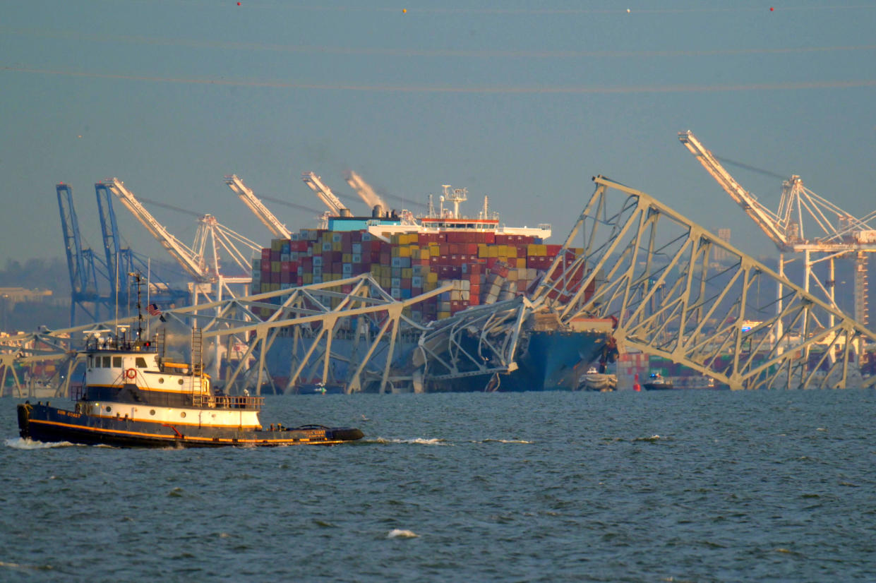 Baltimore's Francis Scott Key Bridge collapsed on March 26, 2024, after a support column was struck by a vessel. / Credit: Karl Merton Ferron/The Baltimore Sun/Tribune News Service via Getty Images