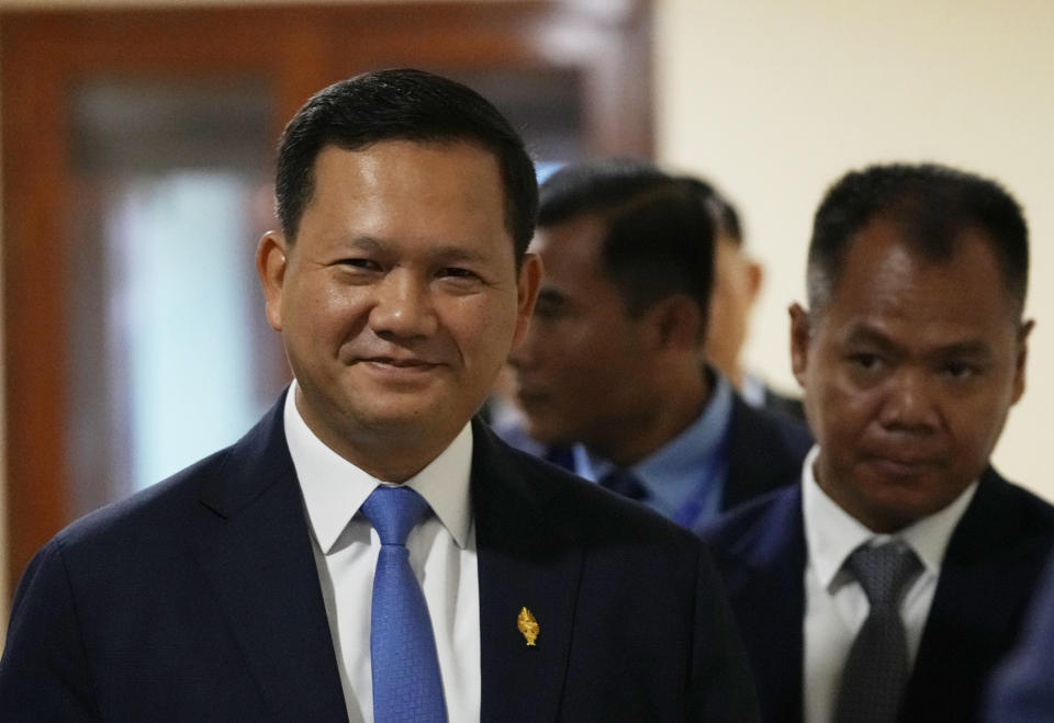 Hun Manet, army chief, designate prime minister and son of Cambodia Prime Minister Hun Sen, attends an assembly session in the National Assembly's hall in Phnom Penh, Cambodia, Tuesday, Aug. 22, 2023. (AP Photo/Heng Sinith)