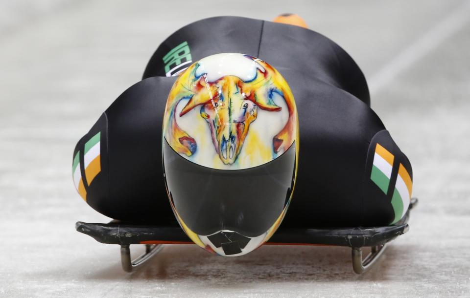 Ireland's Greenwood speeds down during an unofficial men's skeleton progressive training at the Sanki sliding center in Rosa Khutor