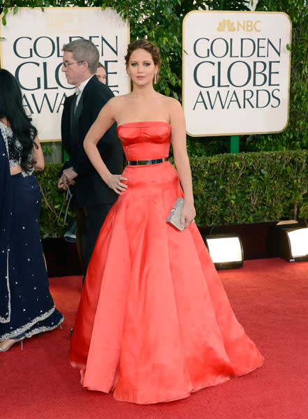 Golden Globes 2013: Jennifer Lawrence wowed in a bold red Dior full-skirted gown © Getty
