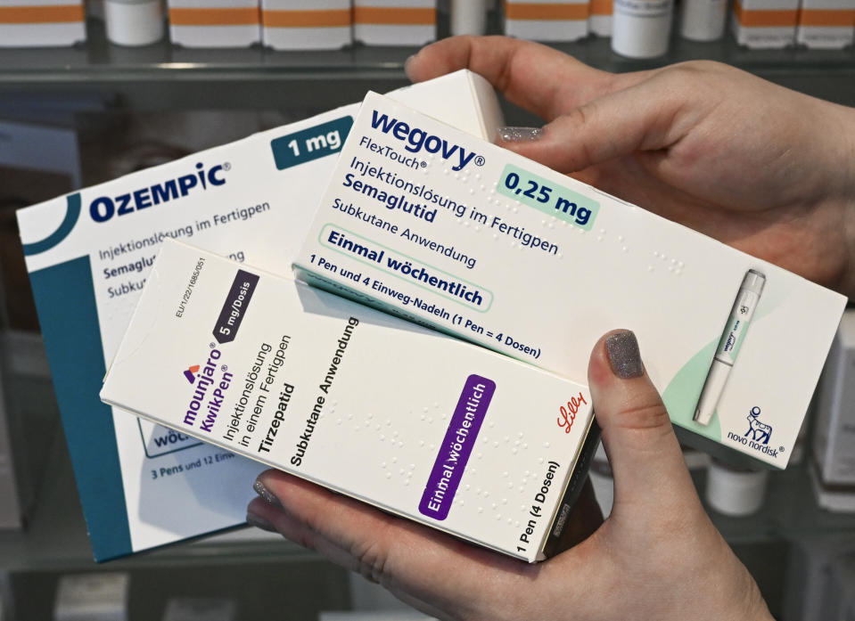 Weight-loss syringes of the brands Wegovy, Ozempic, and Mounjaro are sold at a pharmacy in Berlin on July 11, 2024. (Jens Kalaene/picture alliance via Getty Images)
